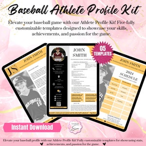 Puede incluir: Cinco plantillas de perfil de atleta de béisbol personalizables disponibles para descargar digitalmente. Las plantillas presentan un esquema de color amarillo y negro con una foto de un jugador de béisbol e información sobre sus habilidades, logros y calendario. El texto "05 Plantillas" está en un estallido de estrella roja.