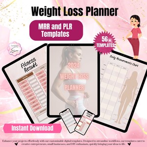 May include: A digital planner for weight loss with 56 templates. The planner includes a fitness result tracker, body measurements chart, food tracker, and fitness goals. The planner is designed for 2024 and features a pink and gold color scheme.