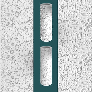 May include: White rolling pin with a beach-themed pattern, featuring embossed designs of palm trees, umbrellas, starfish, and seashells. The design is repeated on the pin's surface and on the adjacent panels.