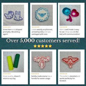 May include: A collection of plastic cookie cutters and stamps featuring various designs including moths, a bee in a wreath, a heart, a uterus with floral details, and textured rollers in yellow and green, displayed with five-star reviews.