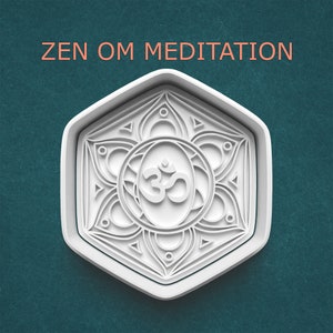 May include: White hexagonal design with a raised Om symbol in the center. The Om symbol is surrounded by a mandala-like pattern. The text "ZEN OM MEDITATION" is at the top of the image.