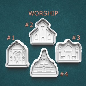 May include: Four white plastic cookie cutters shaped like different places of worship: a church, a synagogue, a mosque, and a pagoda. The cutters are labeled with numbers 1 through 4. The word "WORSHIP" is written above the cutters.