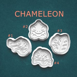 Chameleon cookie cutter with stamp set, branch chameleon, cute face, leaf and curled tail - for cookies, polymer clay, or pottery