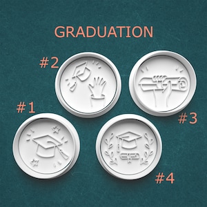 May include: Four white circular graduation-themed designs on a teal background. Each design features a graduation cap and other elements like a diploma, hand, and stars. The word "GRADUATION" is written in orange at the top.