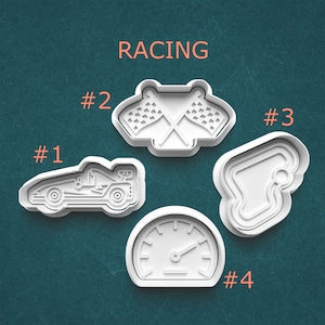 May include: White plastic cookie cutters in a racing theme. The image includes a race car, crossed checkered flags, a racetrack, and a speedometer. The word "RACING" is written in orange above the cookie cutters.
