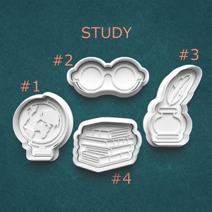 Study Cookie Cutters ~ Quill and Ink ~ Books ~ Globe ~ Spectacles ~ Scholar Polymer Cookie Cutters ~ Fantasy ~ Research ~ Gifts for Readers