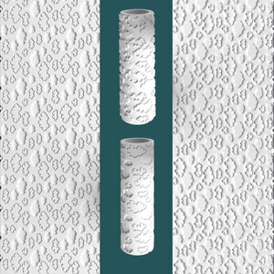 May include: Two white cylindrical paint rollers with a cloud pattern, set against a teal background, are displayed. The rollers are surrounded by a white background with a repeating cloud pattern. The rollers are used for applying paint to walls.