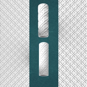 May include: Two white cylindrical objects with a floral pattern are displayed against a teal background. The objects are textured and appear to be decorative. The background features a white, repeating floral pattern.