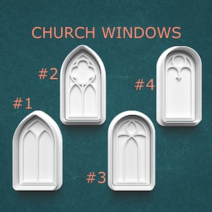 May include: Four white plastic cookie cutters in the shape of church windows. The text "CHURCH WINDOWS" is above the cutters. Each cutter has a different design, with numbers 1-4 next to each window.