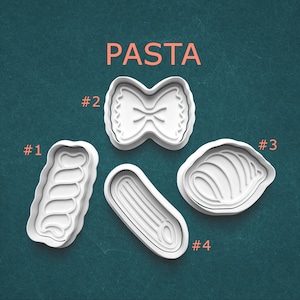 Pasta cookie cutter with stamp set, fusilli, farfalle, shell pasta and penne designs - for cookies, polymer clay, or pottery