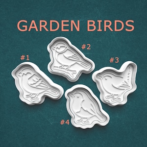 May include: Four white plastic cookie cutters shaped like garden birds, labeled #1, #2, #3, and #4. The text GARDEN BIRDS is printed in light orange at the top. Each cutter features a detailed embossed outline of a different bird species.