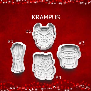 May include: Four white plastic cookie cutters labeled KRAMPUS. Number 1 is a bundle of sticks, number 2 is a horned Krampus face, number 3 is a bucket, and number 4 is a full-body Krampus figure holding a bundle of sticks.
