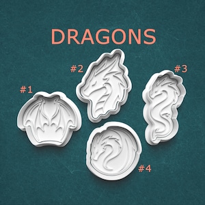 May include: Four white plastic dragon-shaped cookie cutters. The cutters are labeled #1 through #4. The word "DRAGONS" is printed in orange at the top of the image.