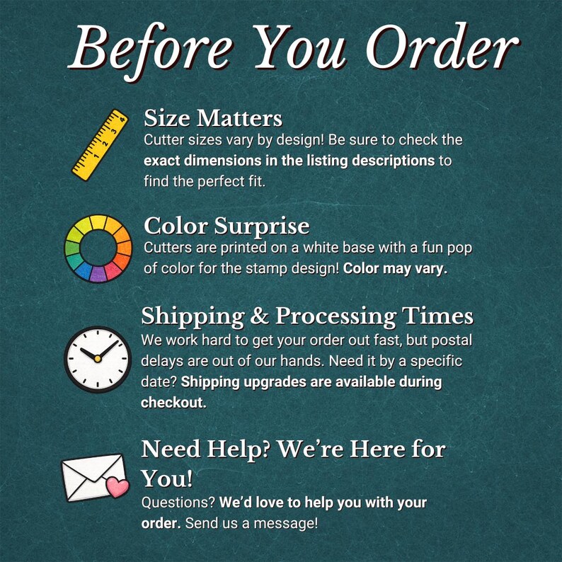 May include: Image with text: "Before You Order." Details include "Size Matters," "Color Surprise," "Shipping & Processing Times," and "Need Help? We're Here for You!" The background is a dark teal color.