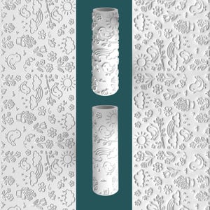 May include: White rolling pin with a repeating pattern of birds, suns, clouds, rainbows, and flowers. The design is embossed on the surface of the rolling pin. The image also shows a close-up of the pattern.