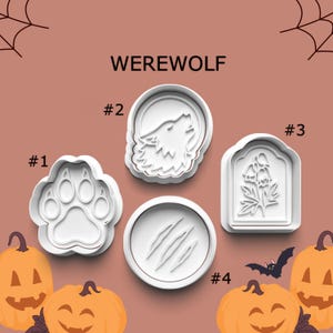 Werewolf Cookie Cutter Set – Paw Print, Howling Wolf, Wolfsbane, and Claw Mark Cutters for Halloween Baking and Polymer Clay Stamp
