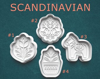 Scandinavian Cookie Cutter Set ~ Folk Flower, Bird Medallion, Dala Horse, Potted Plant ~ Hygge Style Cutters ~ Nordic Folk Art Baking