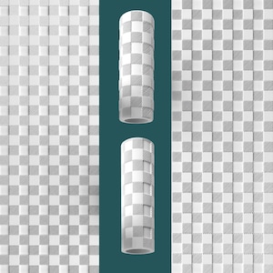 May include: Two cylindrical objects with a checkered pattern in shades of white and gray are displayed against a teal background. The objects are vertically oriented, and the pattern is repeated on the background.