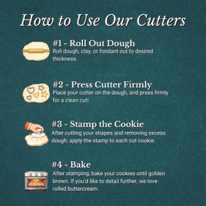 May include: A teal graphic with white text that reads "How to Use Our Cutters." The image shows steps for using cookie cutters: rolling dough, pressing cutters, stamping cookies, and baking. Includes illustrations of each step.
