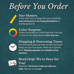 Pu&ograve; includere: Immagine con testo: "Before You Order". I dettagli includono "Size Matters", "Color Surprise", "Shipping & Processing Times" e "Need Help? We're Here for You!". Lo sfondo &egrave; di colore verde acqua scuro.