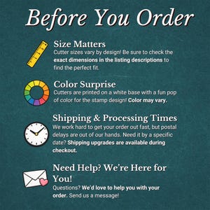 May include: Image with text: "Before You Order." Details include "Size Matters," "Color Surprise," "Shipping & Processing Times," and "Need Help? We're Here for You!" The background is a dark teal color.