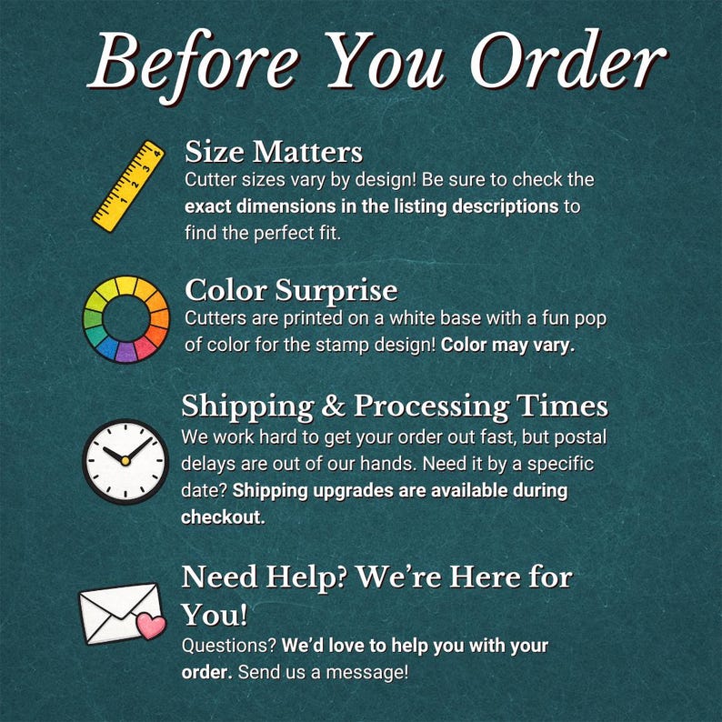 May include: Image with text: "Before You Order." Details include "Size Matters," "Color Surprise," "Shipping & Processing Times," and "Need Help? We're Here for You!" The background is a dark teal color.