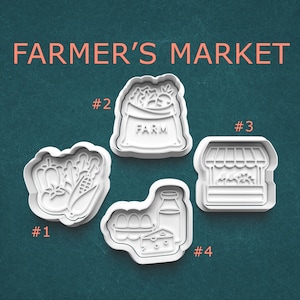 Farmers Market Cookie Cutter and Stamp Set, Produce Basket, Veggies, Market Stand and Dairy Cookies, Polymer Clay/Pottery Tool