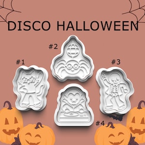 May include: Four white plastic cookie cutters labeled #1 through #4, featuring designs of a cat with star glasses, a spider with a disco ball, a skeleton dancing, and a vampire at a DJ booth, under the text DISCO HALLOWEEN.