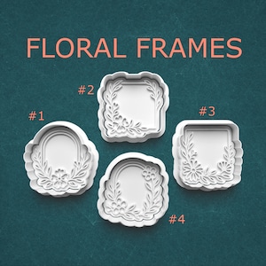 May include: Four white plastic floral frame cookie cutters. The cutters are in different shapes, including arched and square, and feature floral and leaf designs. The text "FLORAL FRAMES" is displayed above the cutters.