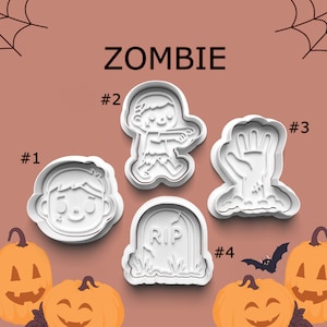 Zombie Cookie Cutter Set – Halloween Undead Face, Walking Zombie, Grave Hand, and Tombstone Cutters for Cookies and Polymer Clay Stamp