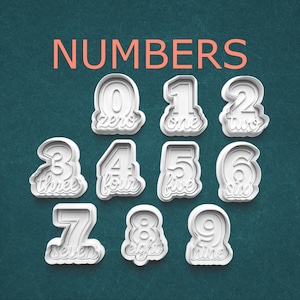 May include: White plastic number cookie cutters, including zero through nine, with the number word printed below each digit. The word "NUMBERS" is printed in orange above the cutters. The background is a dark teal color.