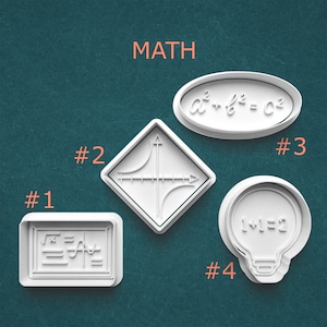 May include: White plastic cookie cutters in various math-themed shapes. The shapes include a rectangle with math symbols, a diamond with a graph, an oval with a formula, and a lightbulb with the equation 1+1=2. The word "MATH" is above the cutters.