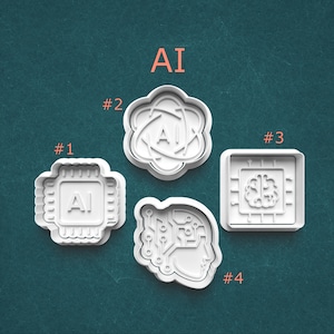 May include: Four white plastic cookie cutters with AI themes. The cutters include a circuit board, an atom, a brain, and a profile of a head with circuit board elements. The word "AI" is written in orange at the top.