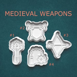 May include: Four white plastic cookie cutters shaped like medieval weapons. The cutters are numbered 1 through 4. The cutters are on a teal background. The text "MEDIEVAL WEAPONS" is at the top of the image.