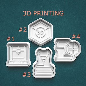 May include: Four white 3D printing-themed cookie cutters. The cutters are numbered and include designs of a 3D printer, a hexagon with a 3D logo, a printer head, and a spool of filament. The words "3D PRINTING" are at the top.