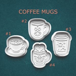 May include: Four white plastic coffee mug-shaped cookie cutters. Designs include a heart, a flower, a sun, and a heart-themed design. The words "COFFEE MUGS" are at the top of the image, with numbers next to each cutter.