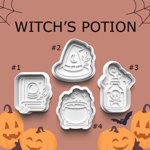 May include: White plastic cookie cutters in the shape of a witch's hat, cauldron, potion bottle with a skull, and a book with a crystal ball. The words "WITCH'S POTION" are at the top of the image. Orange pumpkins are at the bottom.