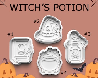 Witch’s Potion Cookie or Clay Cutter Set – Spellbook, Hat, Potion Bottle, and Cauldron Cutters for Halloween Baking