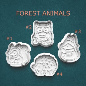 Forest Animals Cookie Cutter Set ~ Squirrel with Acorn ~ Owl ~ Fox in Scarf ~ Hedgehog ~ Woodland Baking Tools ~ Polymer Clay Stamp