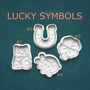 Lucky Symbols Cookie Cutter Set, Horseshoe Fondant Stamp, Maneki Neko Clay Cutter, Four Leaf Clover Baking Tool, Ladybug Pottery Supply