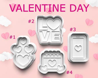 Love Cookie Cutter Set ~ Heart Shapes ~ LOVE Block Letters ~ Phone with Heart ~ Calendar ~ Romantic Clay Cutters ~ Valentines Cookie Cutters