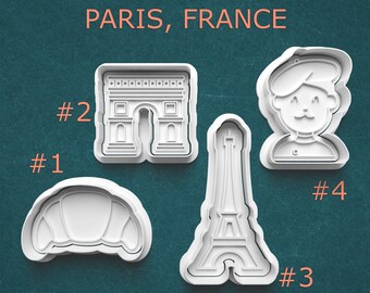 Paris Cookie Cutters ~ France Clay Cutters ~ Travel ~ Arc de Triomphe ~ Eiffel Tower ~ Beret Hat ~ Croissant ~ Vacation ~ French Cutters