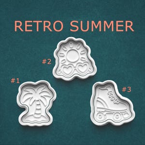 Retro Summer cookie cutter with stamp set, palm tree, heart sunglasses and roller skate - for cookies, polymer clay, or pottery