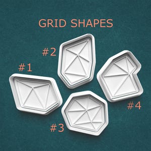 May include: Four white plastic grid shape cutters, labeled #1 through #4, with geometric designs. The text "GRID SHAPES" is above the cutters. The cutters are on a teal background.