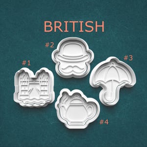 British Cookie Cutter and Stamp Set – Teapot, Umbrella, Tower Bridge, and Gentleman Shapes for Cookies, Clay, and Pottery Craft Projects
