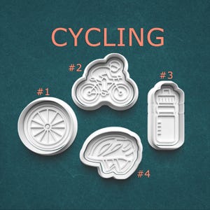 Cycling Cookie Cutter with Stamp Set, bike wheel, cyclist, water bottle, helmet, cycling baking tools, for cookies, polymer clay, or pottery