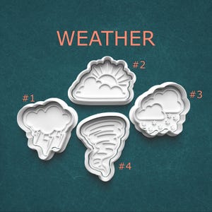 May include: White plastic cookie cutters in the shape of weather elements. The set includes a cloud with lightning, a sun peeking through clouds, a cloud with snowflakes, and a tornado. The word "WEATHER" is printed above the cutters.