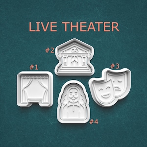 May include: White plastic cookie cutters in the shape of theater-related icons. The image includes a stage curtain, a building, a person, and comedy and tragedy masks. The text "LIVE THEATER" is above the cutters.