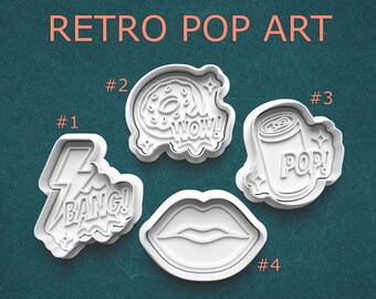 Retro Pop Art Cookie Cutter and Stamp Set – Bang, Wow, Pop Can, and Lips Comic Shapes for Cookies, Clay, and Pottery Craft Projects