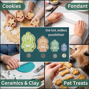 May include: A multi-panel image showcasing various crafting activities. Includes cookie cutters, fondant tools, and clay tools. The image features robot-shaped cookie cutters and the text "One tool, endless possibilities!" Also shows pet treats and the word "Cookies", "Fondant", "Ceramics & Clay", and "Pet Treats".